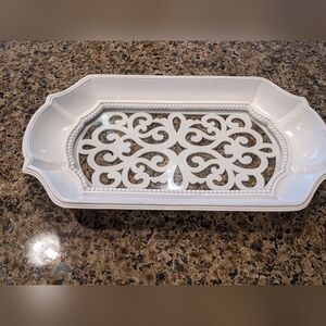 Tray Scroll Cut Design Wood Glass Decorative Plants Vanity White Cottagecore